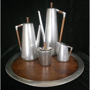 VTG Royal Holland KMD Daalderop (8pc) MCM Pewter & Teak Coffee/ Tea Set Art Deco
